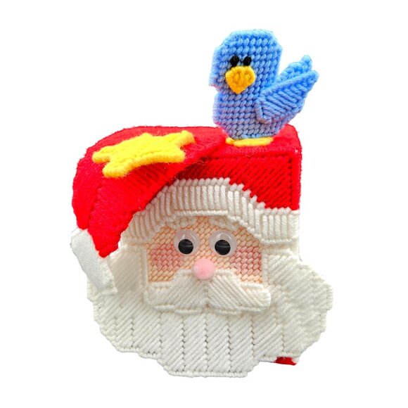 Handcrafted Santa Claus Tissue Box Cover With Bluebird & Yellow Star Design - Picture 1 of 6